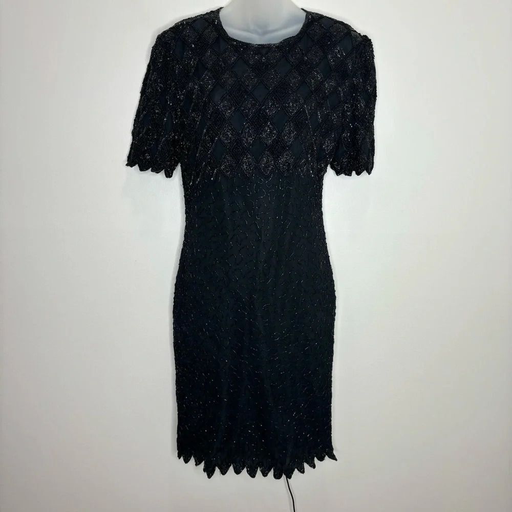 Laurence Kazar vintage Beaded Black 100% Silk Cocktail Dress LBD Sequins Medium